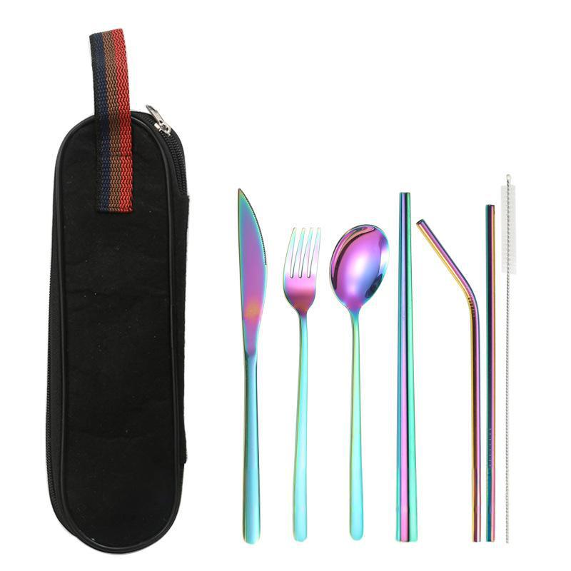 Ensemble de couverts haut de gamme en acier inoxydable 304, 8 pièces, couteau, fourchette, cuillère, baguettes, paille, pour les repas en plein air_voghion.com