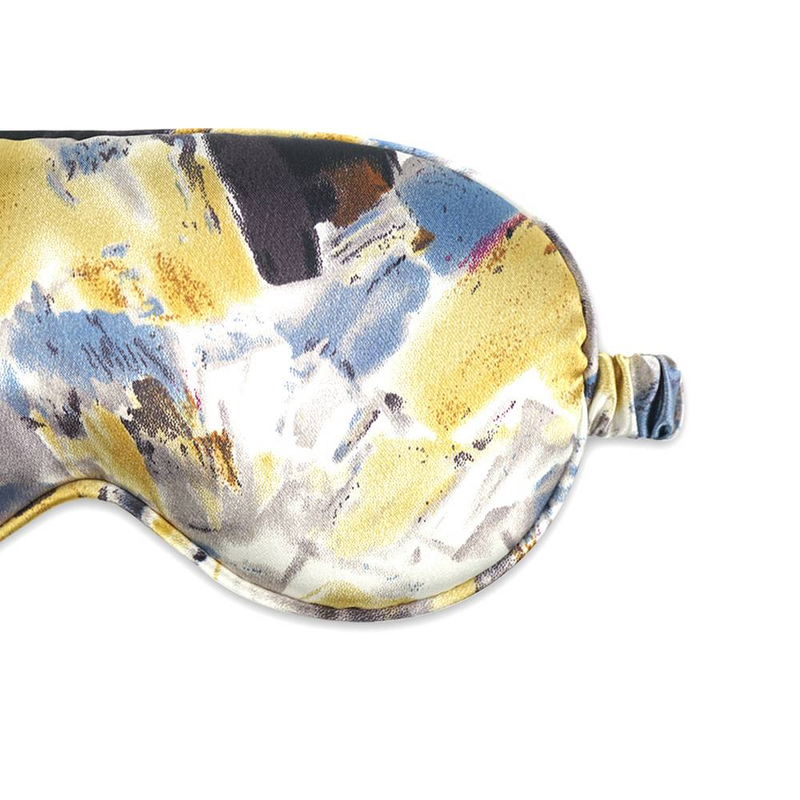 Schlafmaske mit abstraktem Batik-Print in Gelb und Grau – seidenähnlicher Stoff, 100 % lichtundurchlässig, atmungsaktiv und hautfreundlich, verstellbares Kopfband_voghion.com