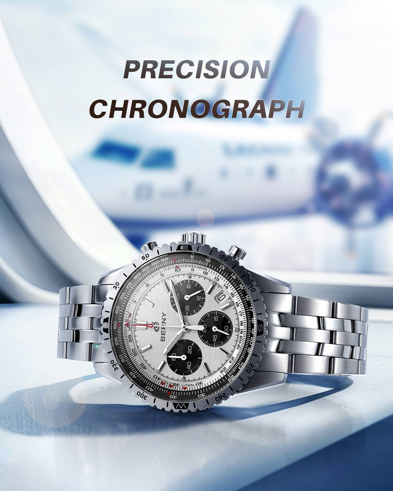 BERNY Silver Chronograph Watches For Men Multifunction Quartz Watch With Tachymeter Date Stainless Steel Waterproof Luminous Sapphire Wristwatch_voghion.com