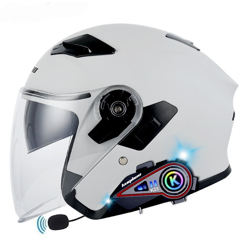 Bluetooth Motorcycle Half Helmet With Dual Visor – 3C Certified ABS Lightweight Helmet For Men & Women (Matte Black/Silver/Blue)_voghion.com