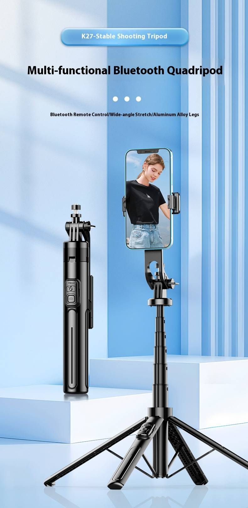 1.3M Bluetooth Selfie Stick With Quadpod Stand & Metal Frame, Universal Phone Holder For Live Streaming/Vlogging (13 Configurations)_voghion.com