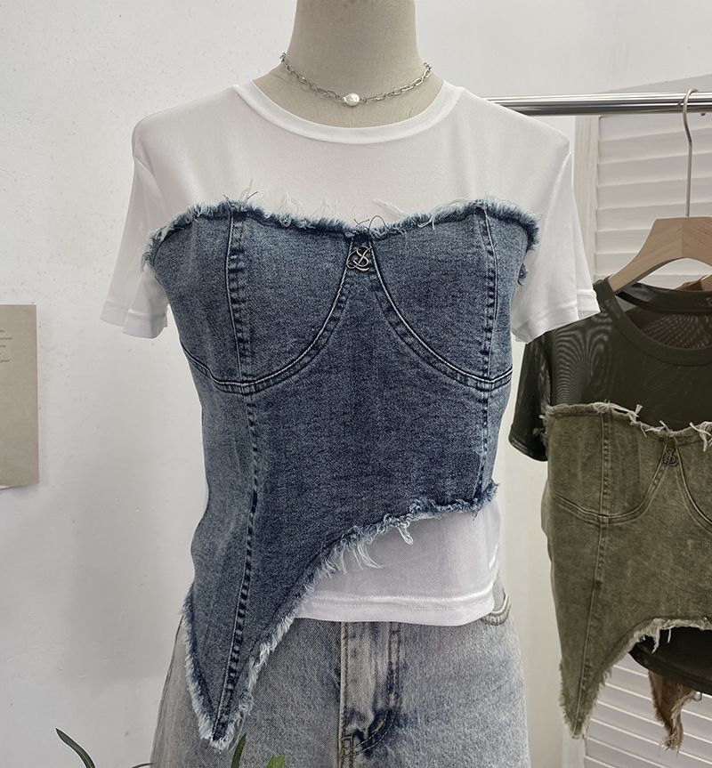 Damenbekleidung Real Shot Denim Splicing Mesh Kurzarm-T-Shirt Sommer Modisches unregelmäßiges kurzes Slim Fit-Oberteil mit hoher Taille_voghion.com