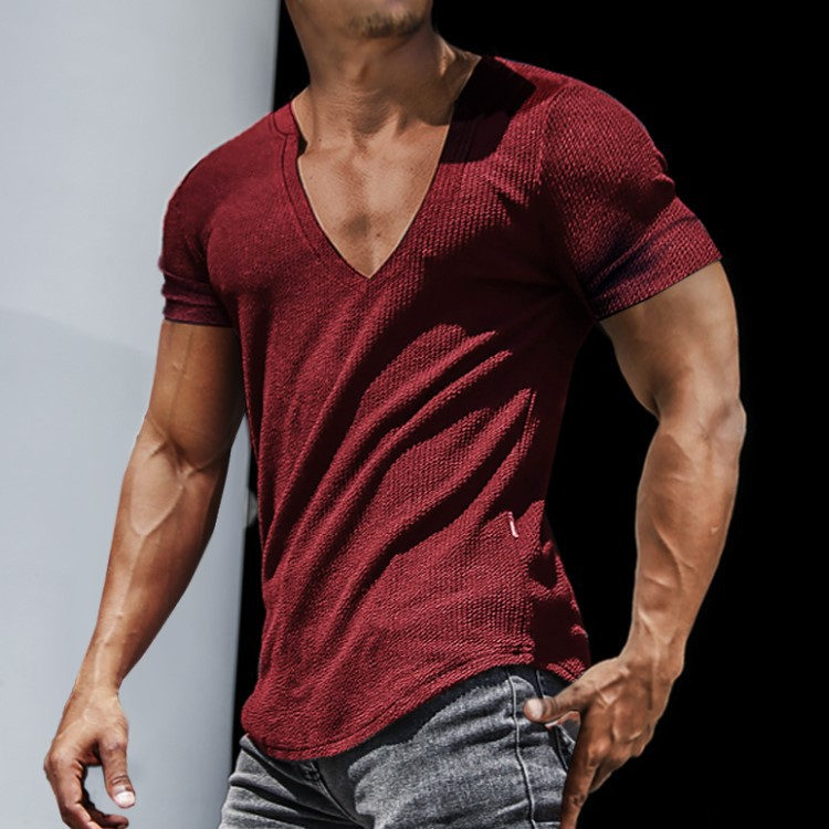 Casual slank T-shirt met korte mouwen voor heren, sport-fitness hardlooptopjes met V-hals_voghion.com