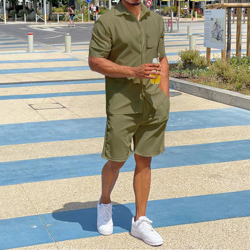 Pantaloncini estivi a maniche corte 2024 con quattro lati elastici risvolto sottile set da uomo solido sciolto_voghion.com