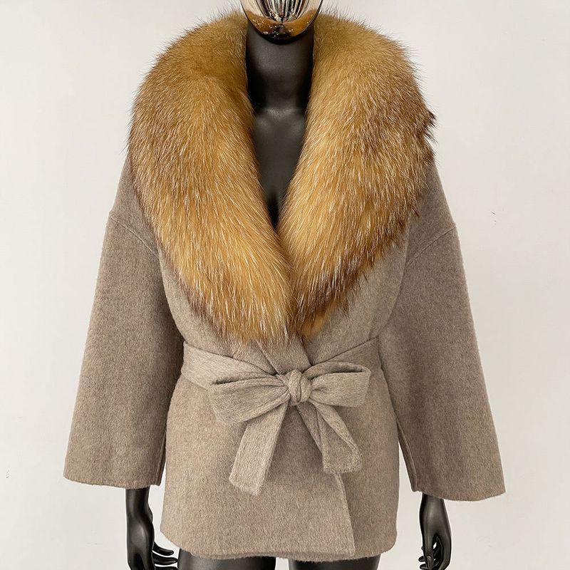 Kurzer Wollmantel für Damen mit Fuchspelzkragen – doppelseitige, übergroße Trenchcoatjacke, lässige, elegante Oberbekleidung, Winterblazer mit Gürtel (S/M)_voghion.com