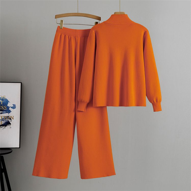 Roupas femininas outono e inverno novo cardigan de malha calças de perna larga terno de duas peças tendência_voghion.com