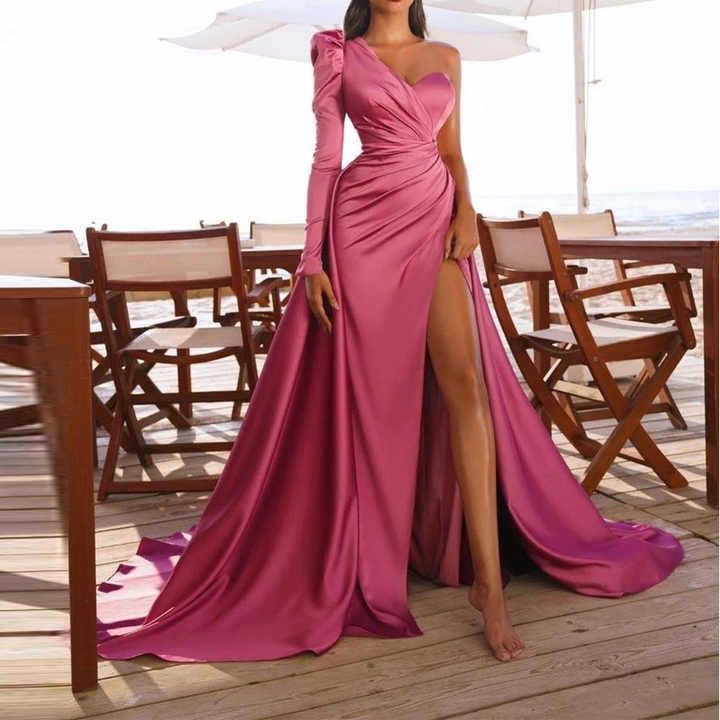 Rochie de seară asimetrică cu mâneci lungi, cu tub, pentru femei, rochie de banchet și cină_voghion.com