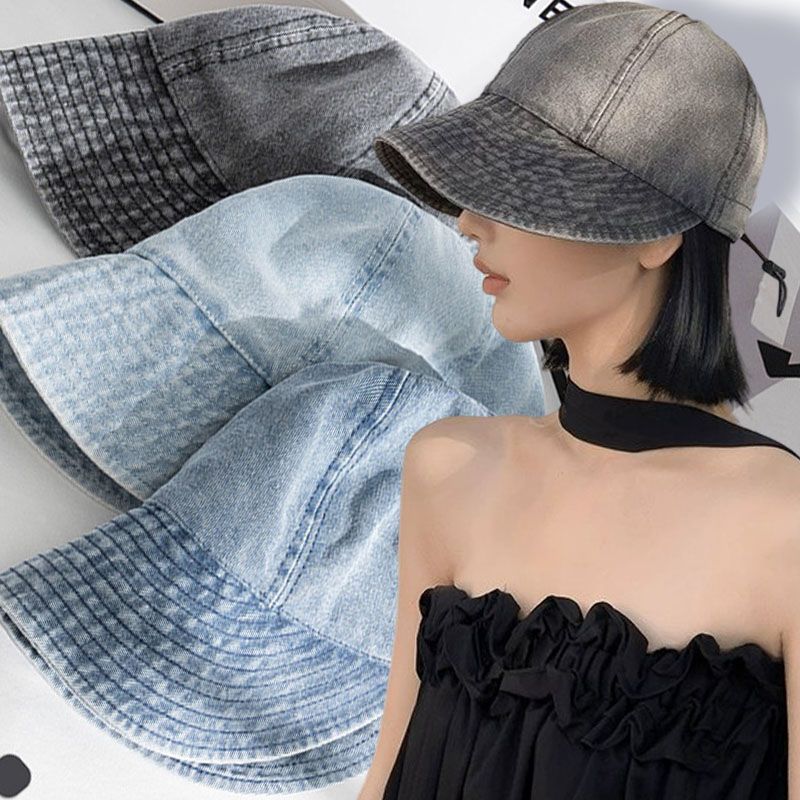 Vendita calda retrò coreano estivo berretto con visiera moda denim visiera cappello a becco d'anatra regolabile con coulisse tesa larga blu per le donne_voghion.com