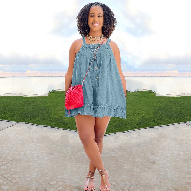 Women's Denim Dress - Square Neck Strappy Button Pocket Loose Fit Ruffled Hem Washed Denim Skirt_voghion.com