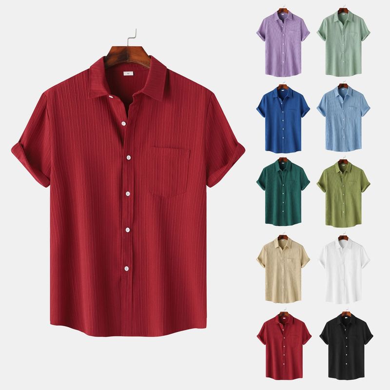 Goods 2024 summer new solid color lapel short sleeved shirt men's_voghion.com