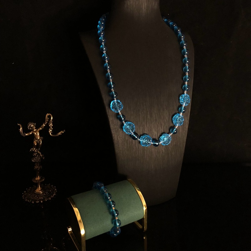 Conjunto de pulsera y collar de cristal azul retro, flores occidentales vintage medievales, retorno italiano, cristal antiguo_voghion.com
