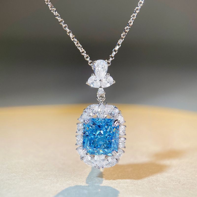 S Pure Silver Blue Treasure Pendant Women's Full Luxury Set with High Carbon Diamond Necklace and Collar Chain_voghion.com