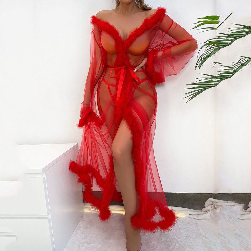 "Hairy Edge Temptation" Mesh Long Nightgown | Sexy Perspective Design, Soft Lace Edge, Home Sexy Nightgown_voghion.com