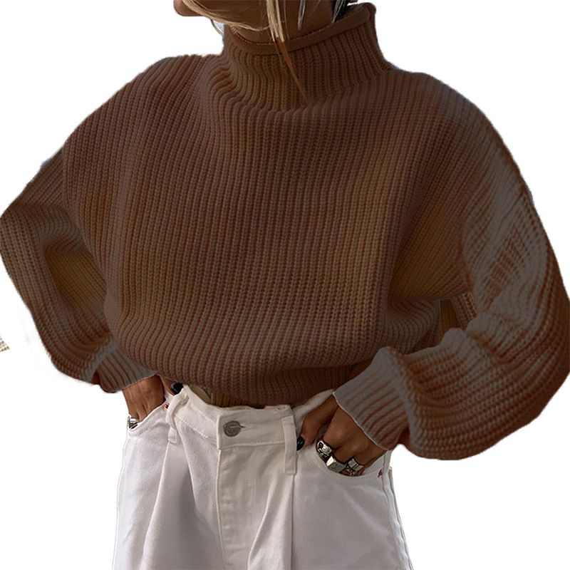 Women's knitwear temperament turtleneck solid color loose casual base sweater_voghion.com