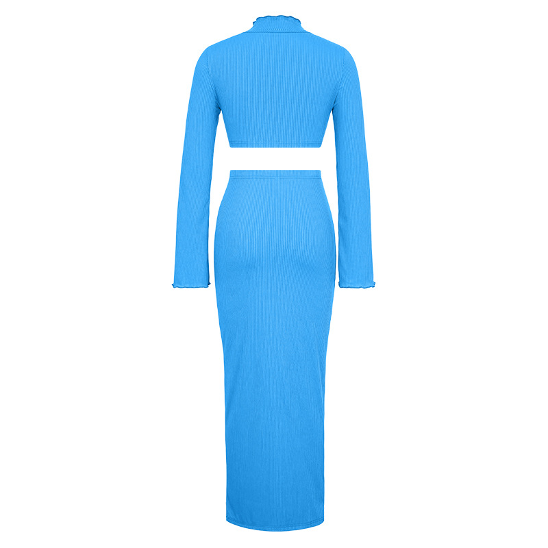 Women's temperament set solid color crop trumpet sleeve top pleated long skirt_voghion.com