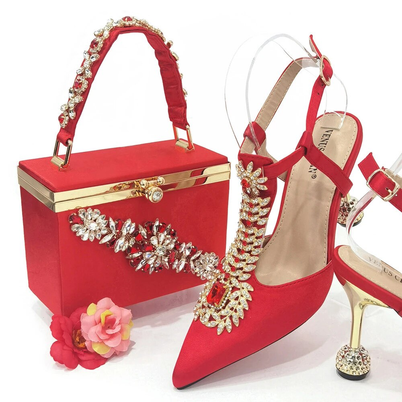 Venus Chan 2023 Italian Design Girly Style Pointed Toe Wedding Shoes And Bag, Full Diamond Decoration Metal Closure Bag_voghion.com