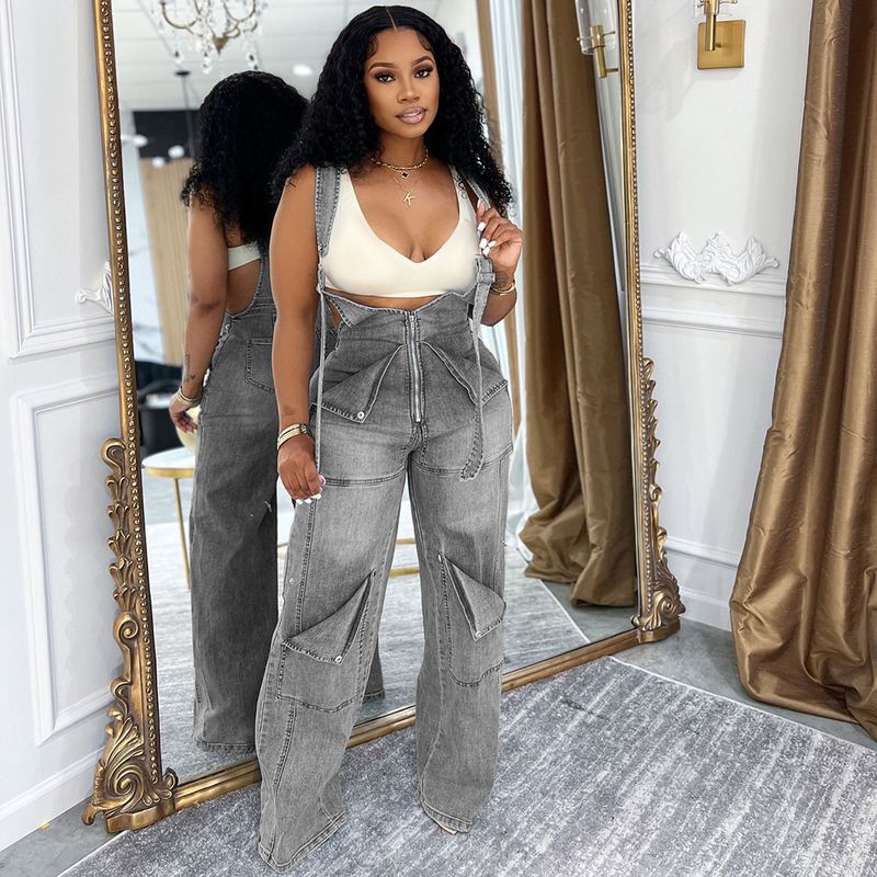 Damenbekleidung Damen Sommer Street Casual Zipper Washed Jumpsuit_voghion.com