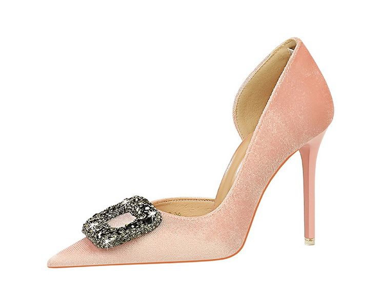 1363-K83 Bankett Dünne Absätze Verdicktes Wildleder Spitz Seitlich Hohl Metall Wasser Diamant Schnalle Ultra High Heel Einzelschuhe_voghion.com