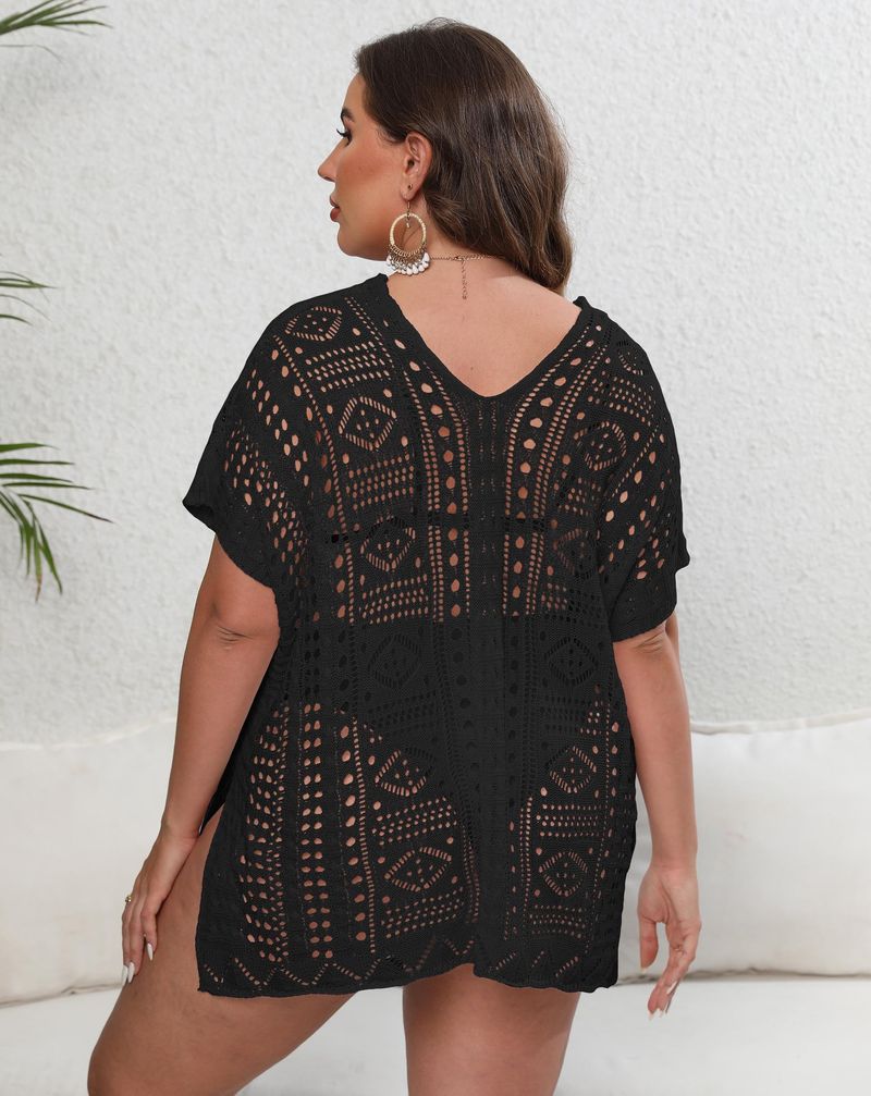 Women's bikini cover-up large size women's woven shirt hollow deep V beach dress_voghion.com