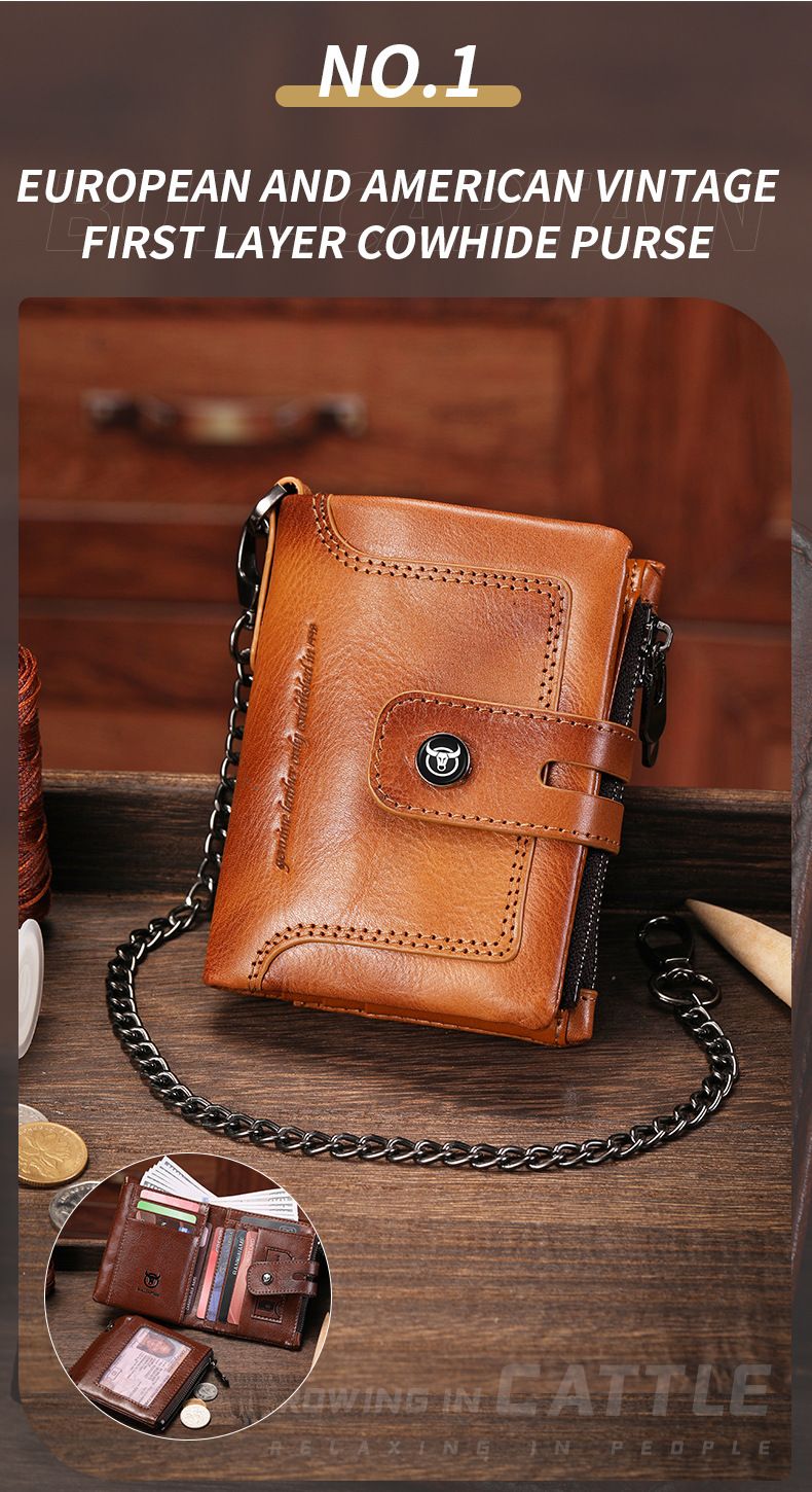 BULLCAPTAIN zipper tower buckle genuine leather men's wallet vertical multi card slots first layer cowhide wallet_voghion.com
