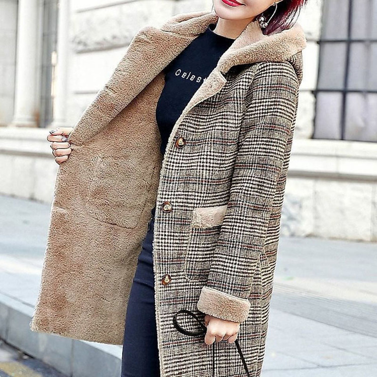 Herbst Winter Wolle Mantel Frauen Plaid Schafe Scher Leder Pelz Mid Lange Mäntel Plus Veet Starke Mit Kapuze Warme Wolle Dame mantel_voghion.com