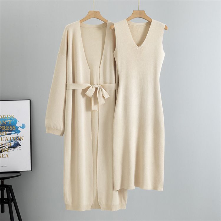 Damenbekleidung Mode Temperament Anzug Strickjacke Jacke Ärmellose Weste Kleid Zweiteiliger Anzug Weiblicher Frühling_voghion.com