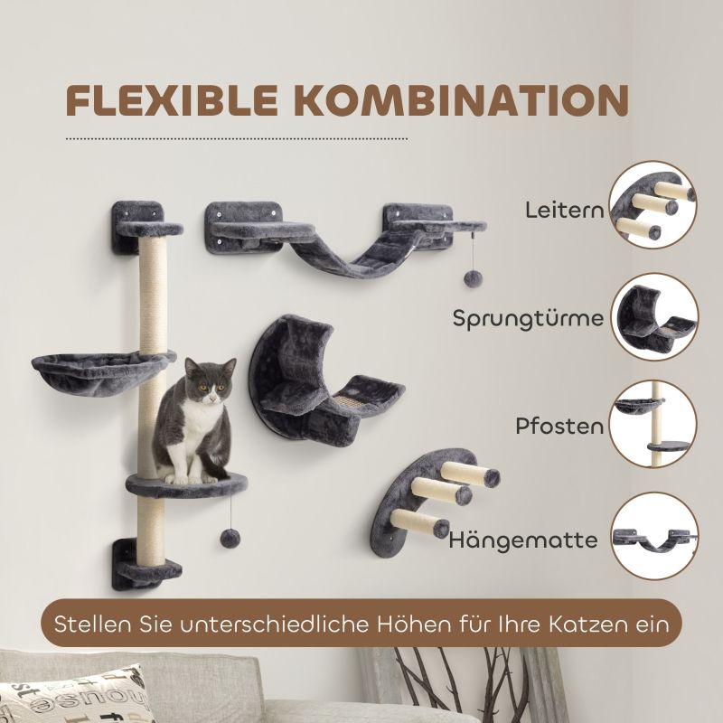 Kletterwand 4-teilig Für Katzen Mit Hängematte, Katzenbrücke, Dunkelgrau_voghion.com
