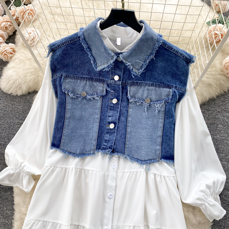 populära tvådelade kostymer, koreanska damkläder, designjacka i jeansväst, mångsidig babydollkjol, fashionabla tvådelade kostymer_voghion.com