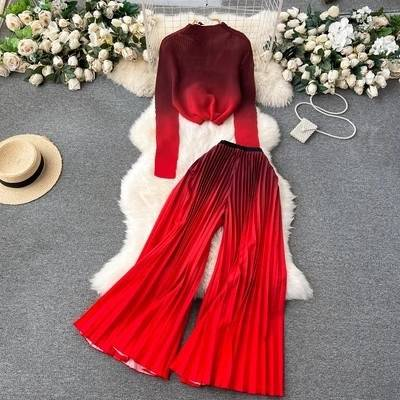 Vêtements pour femmes Royal sister léger luxe haut de gamme à manches longues plissé imprimé hauts femmes décontracté deux pièces ensemble ample drapé plissé pantalon large_voghion.com