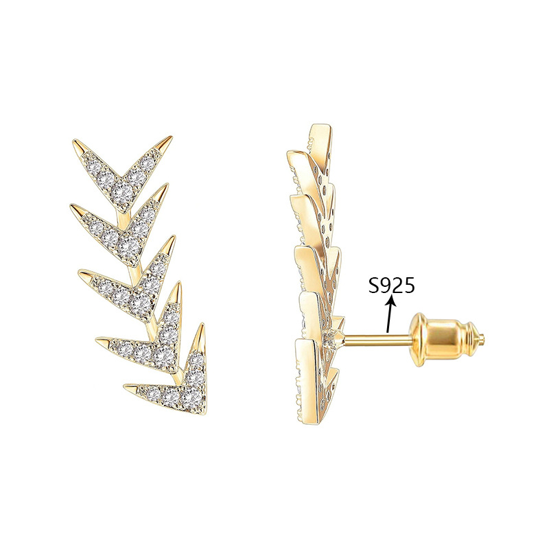 S925 Silver Ear Needle Personalized Leaf Fish Bone Diamond Earrings Female 14K Color Simple Jewelry_voghion.com