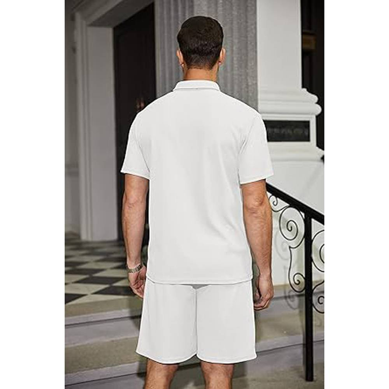 Completo estivo da uomo con polo e pantaloncini in maglia a nido d'ape, 2 pezzi, felpa casual con tasca_voghion.com