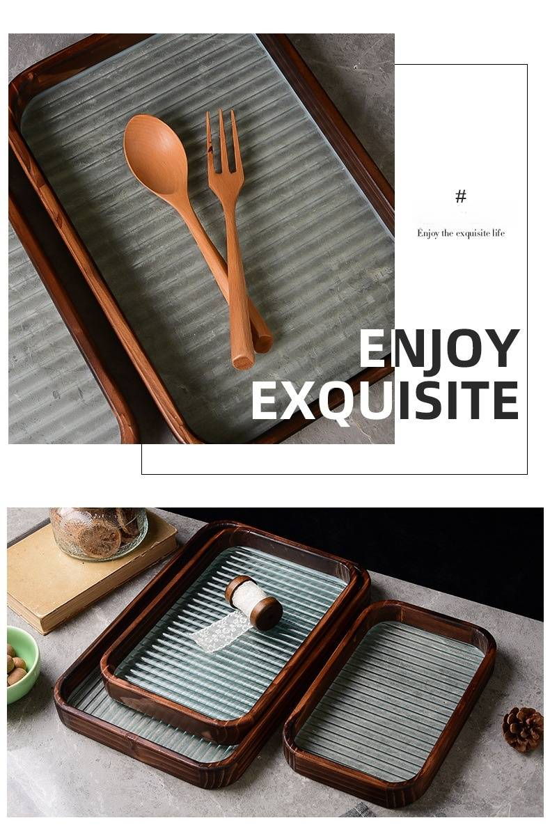 Walnut-Colored Rectangular Tray With Textured Glass - Minimalist Serving Platter For Tea, Coffee, Fruits & Desserts_voghion.com
