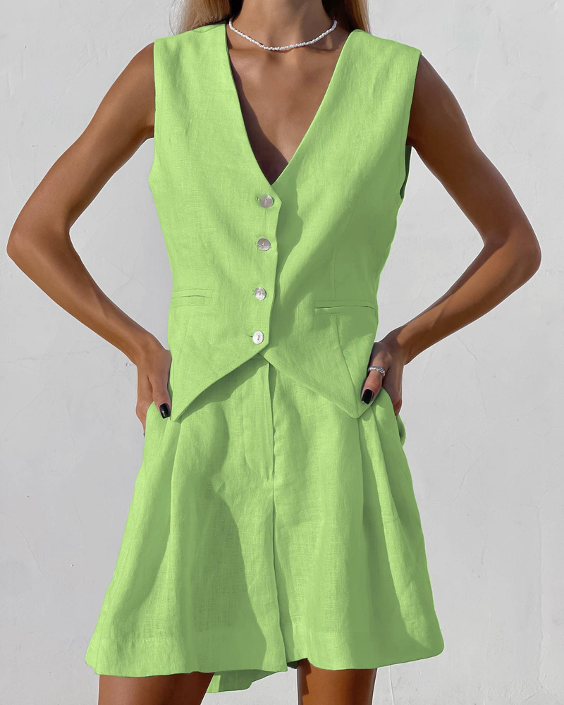 Costume deux pièces en coton et lin pour femme, ensemble gilet et short sans manches, idéal pour les loisirs, été_voghion.com