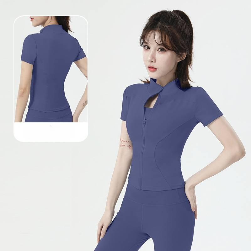 High-Elasticity Yoga Short-Sleeve Jacket Stand-Up Collar, Slim-Fit Compression Coat – Nude-Feel Fitness & Cycling Training Top_voghion.com