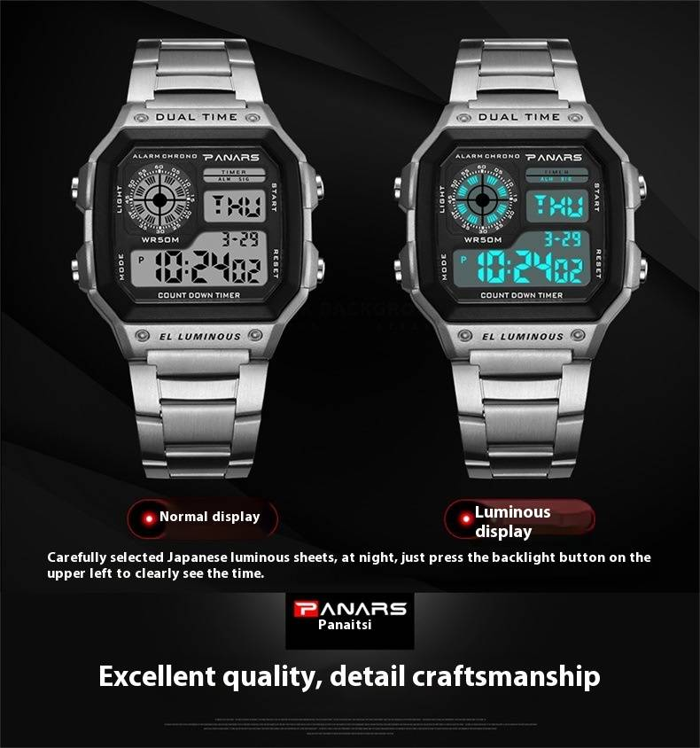 Men's Retro Square Digital Sports Watch With 50m Waterproof, LED Backlight & Stainless Steel Band Square Fashion Electronic Watch Luminous Alloy Watch_voghion.com