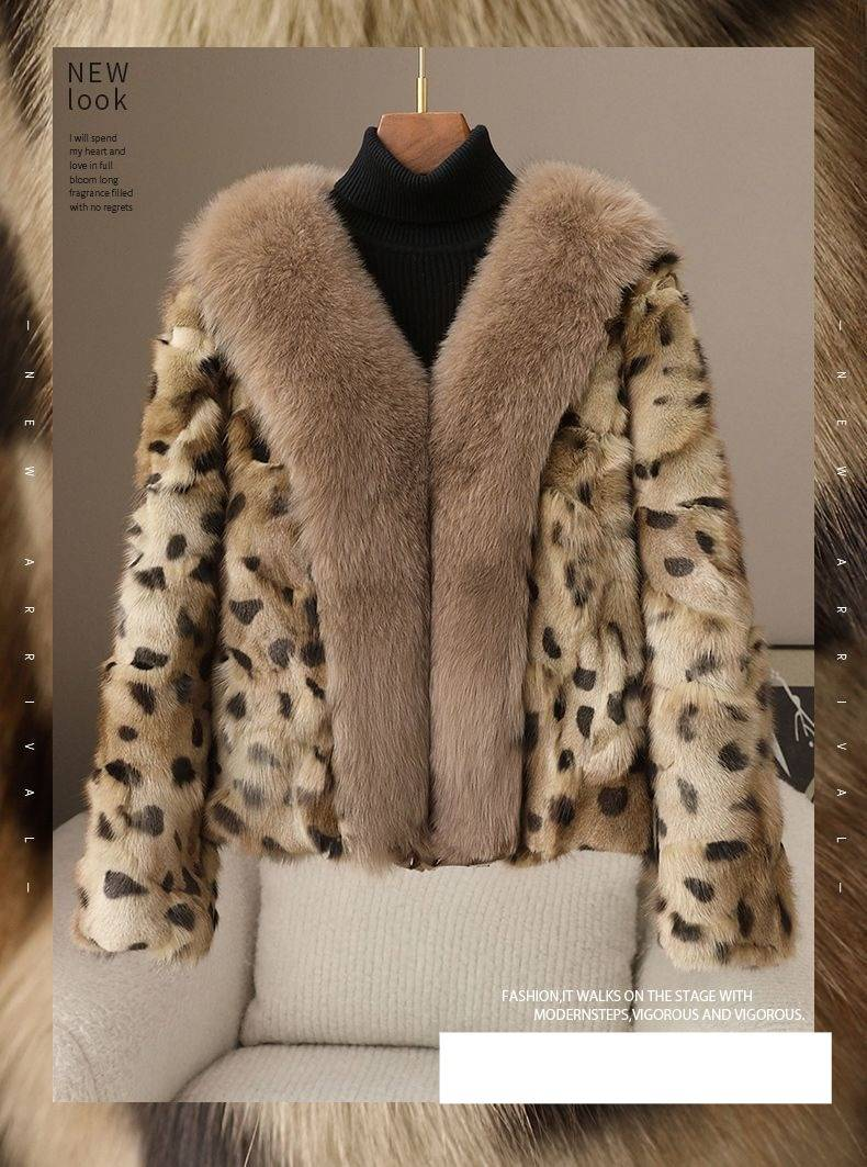 Luxus-Fuchspelzmantel, Damenmode, V-Ausschnitt, Leopardenmuster, Jacke, elegante, lässige Oberbekleidung für Herbst und Winter_voghion.com