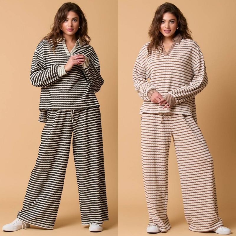 Completo pantalone a righe a maniche lunghe da donna – Completo casual in due pezzi (S-XXL, righe nere/cachi)_voghion.com