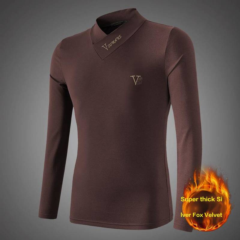 Men's Slim Fit Thermal Long Sleeve T-Shirt With Silver Fox Fleece Lining, V-Neck & Mid-Collar For Winter Warmth_voghion.com