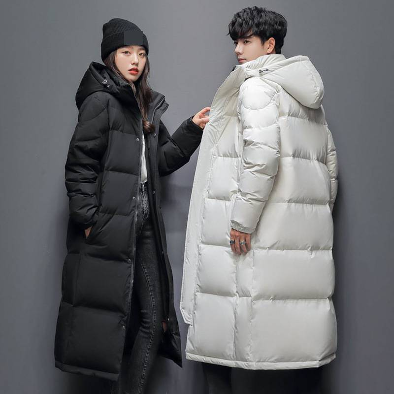 Herrenbekleidung Unisex Langer Daunenmantel Mit Kapuze - Warme Winterjacke Für Männer & Frauen, Knielang, Verdickt, Lässig (Schwarz/Weiß/Grau)_voghion.com