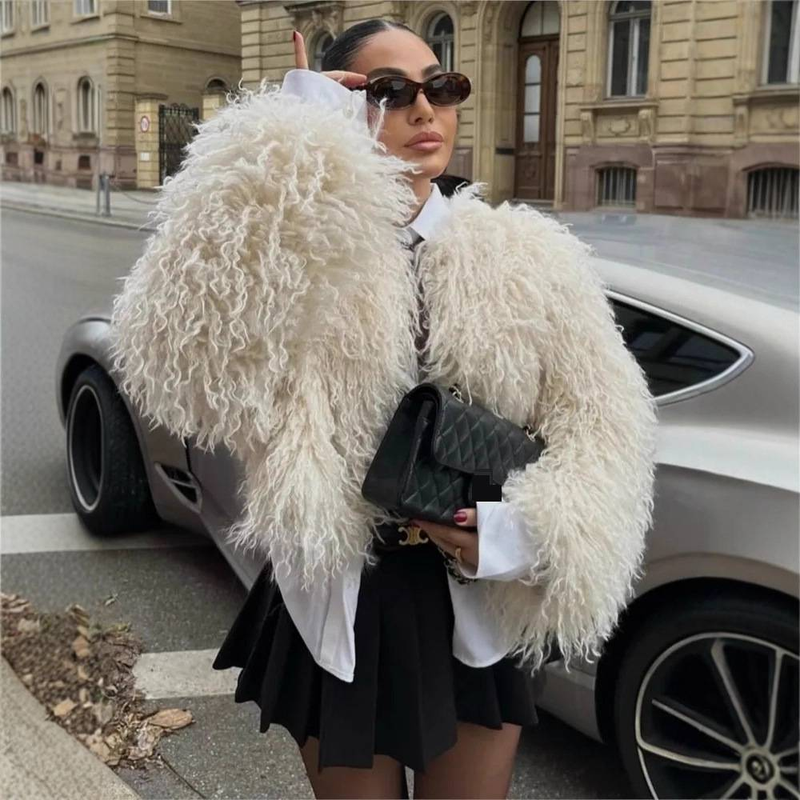 Damenbekleidung Luxus Kunstpelzmantel mit Reverskragen – Langärmlige Winterjacke in Cremeweiß für Damen (Streetwear & Elegante Styles)_voghion.com