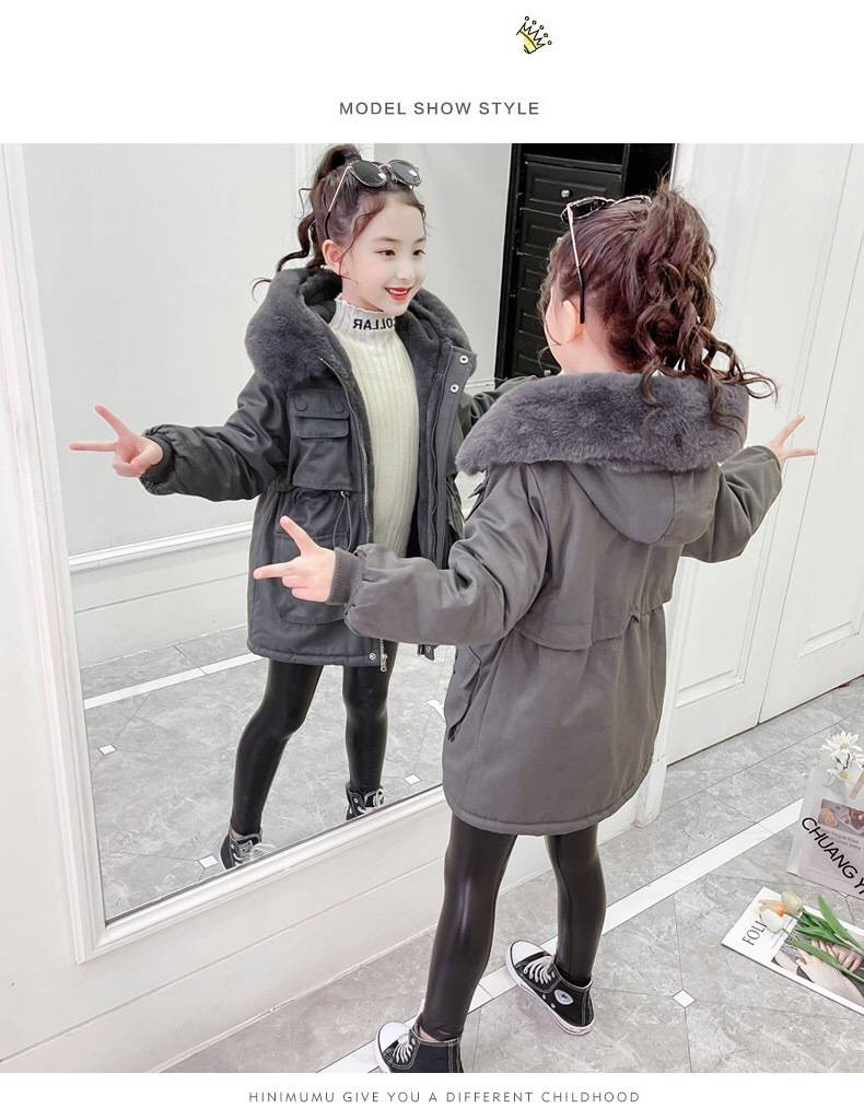 Warm Fleece-gefütterter langer Mantel für Mädchen – Winterparka mit Kapuze und hohem Kragen, weicher Polyesterfüllung, Reißverschluss (Rosa/Grau, 120–160 cm)_voghion.com