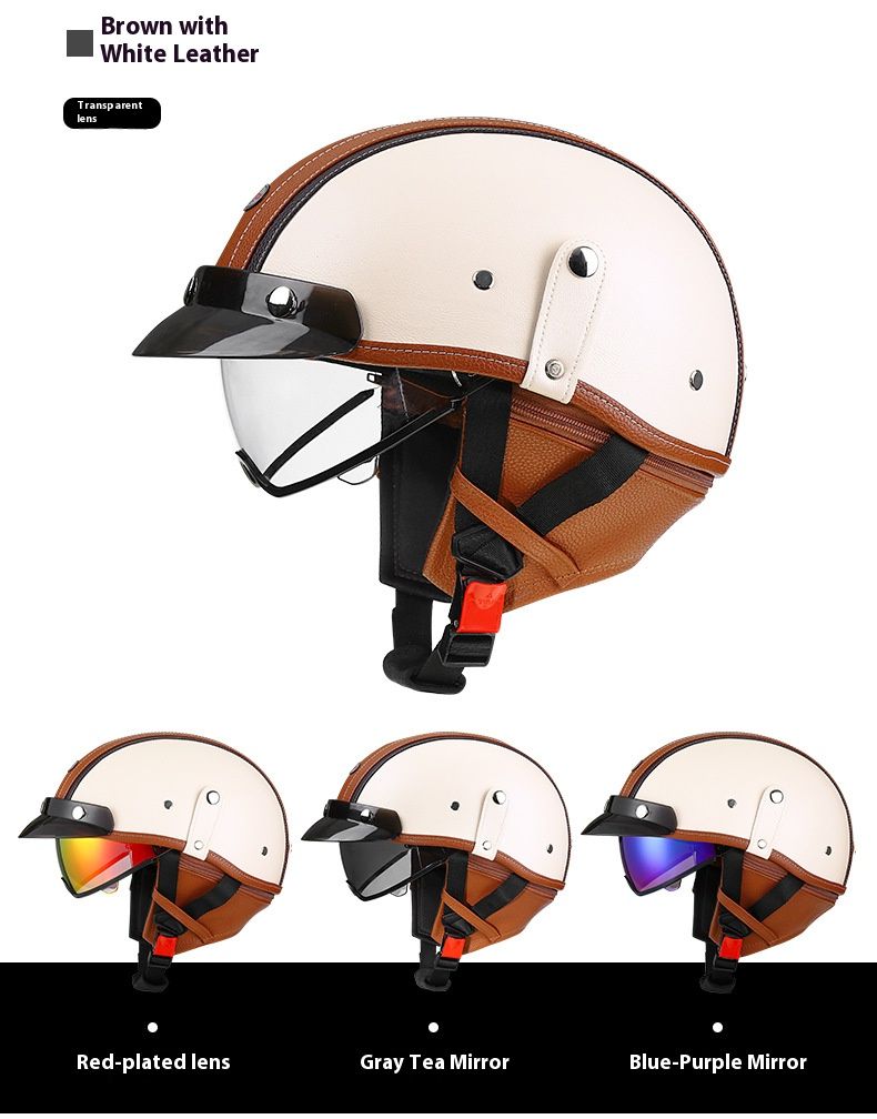 3C-zertifizierter Vintage-Motorrad-Halbhelm – Cruiser-ABS-Schale im Retro-Stil im japanischen Stil mit austauschbaren Gläsern (schwarz/braune Lederoptik)_voghion.com