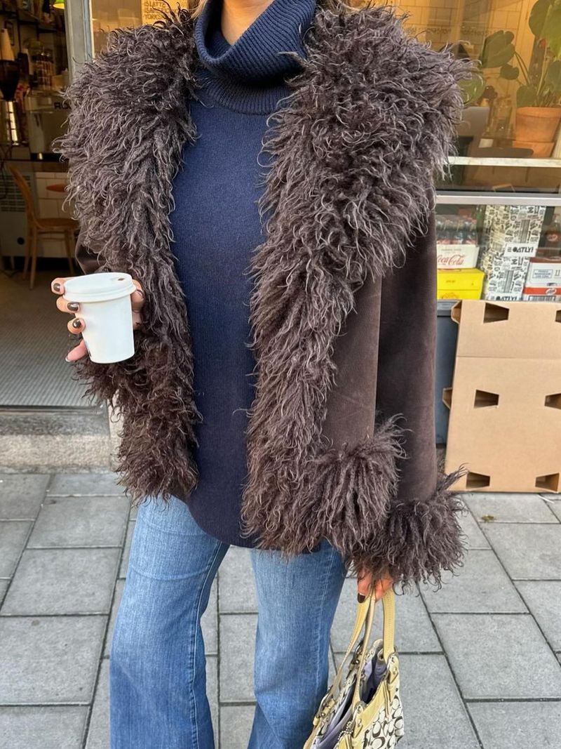 Women's Clothing Faux Fur Coat – Slim-Fit Long Sleeve Jacket With Plush Collar, Winter Outerwear (Dark Brown)_voghion.com