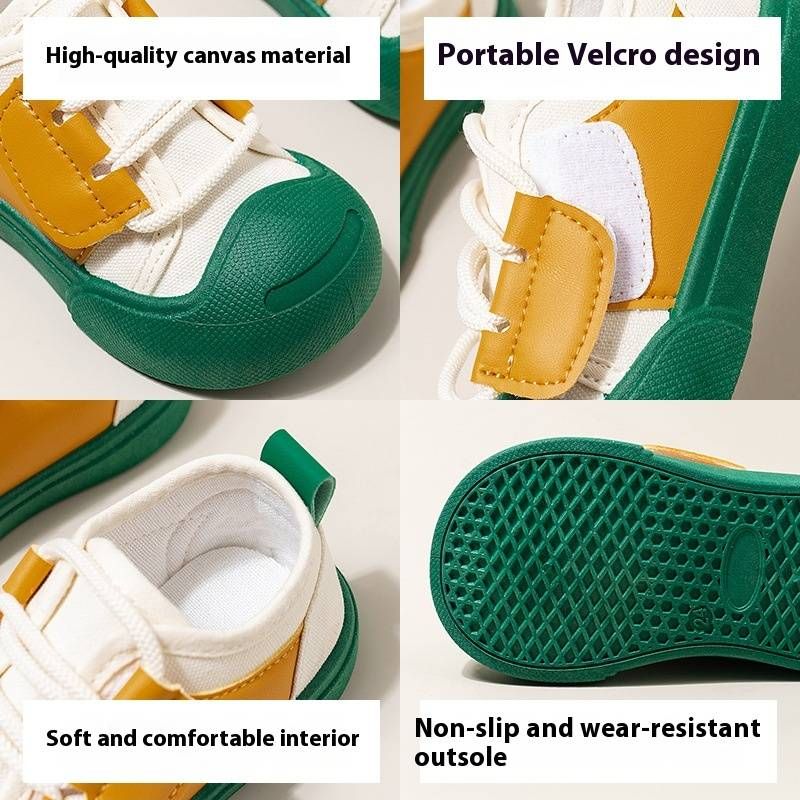 Kids' Color-Block Canvas Sneakers – Soft Rubber Sole, Slip-On Design For Toddlers & Children (Unisex, Pink/Blue/Green)_voghion.com