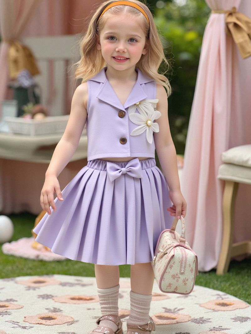 Kinderkleidung Sommer Neuer Stil Mädchen Dreidimensionales Blumen-Oberteil mit Faltenrock Zweiteiliger Anzug für Kinderkleidung_voghion.com