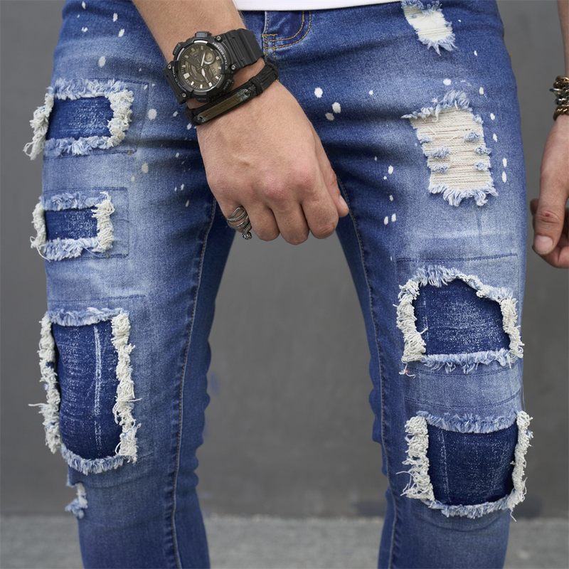 Jeans costurado tecido patch irregular calças plissadas tendência estilo clássico masculino_voghion.com