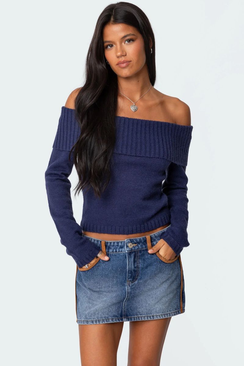2025 Frühjahr Neues Strickoberteil Damen Einfarbiger Off-Shoulder Langarm Pullover_voghion.com
