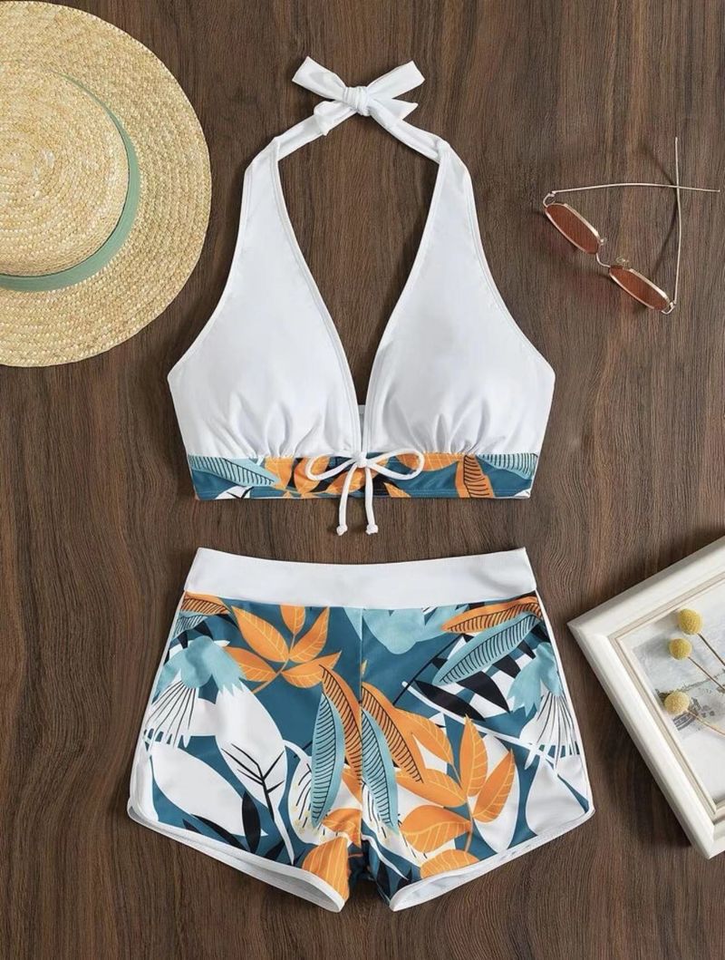 Women's Clothing Swimsuit Women's Split High Waist Boxer Tie Bikini Printed Solid Color Swimsuit_voghion.com