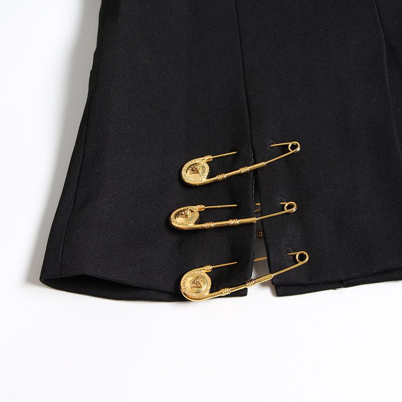 Abbigliamento da donna Grande spilla di sicurezza decorata giacca aderente a maniche lunghe con cuciture in rete alla moda_voghion.com