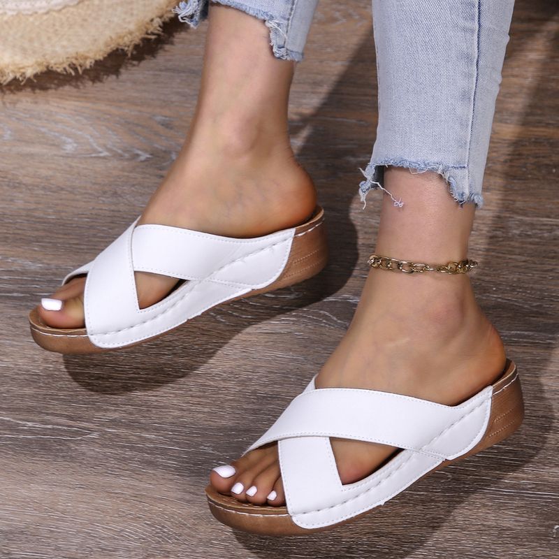 New Women's Sandals Cross Wedge Heel Thick Sole Simple Casual Outside To Wear Slippers_voghion.com